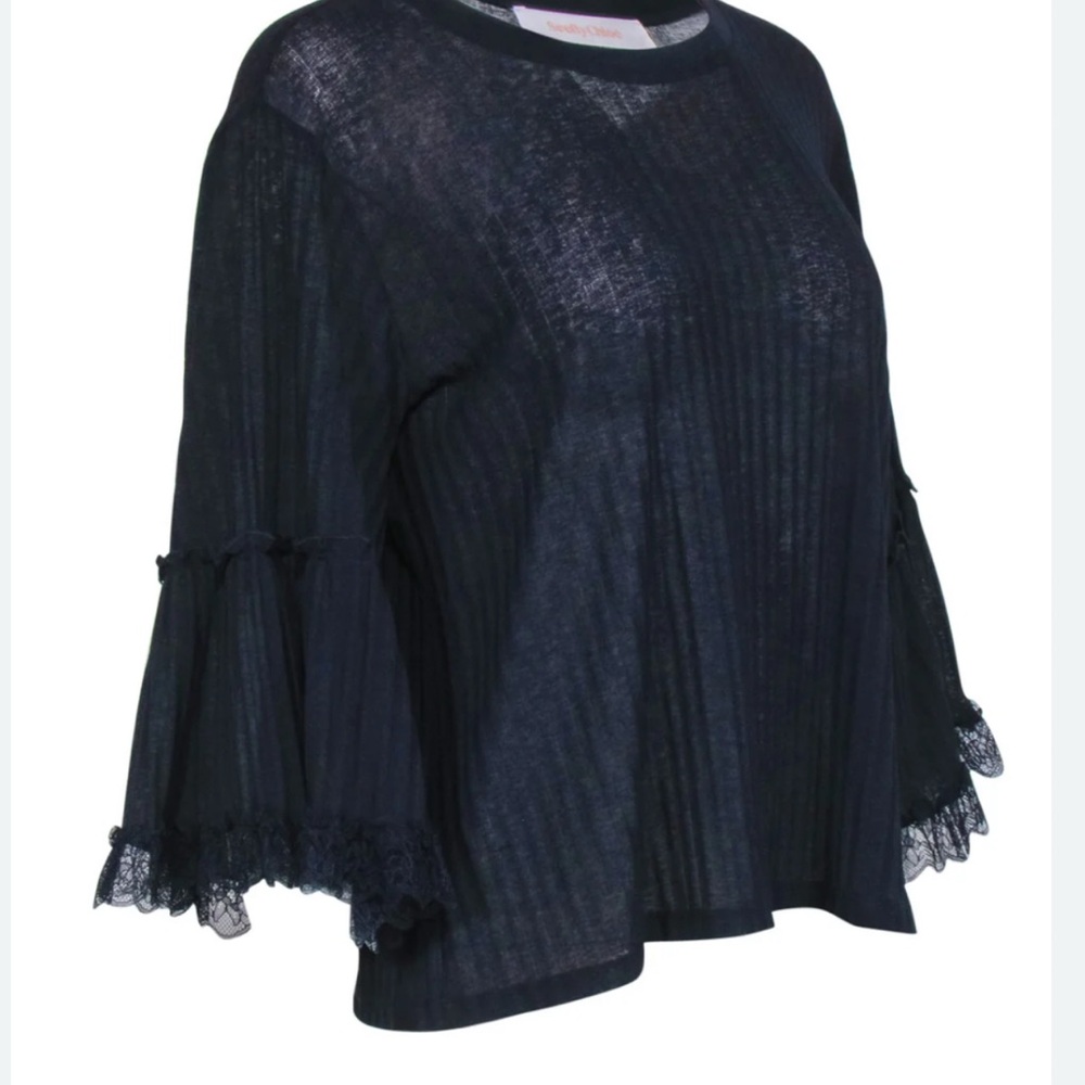 See By Chloe Navy Blue Bell Sleeve Blouse With Lace Detail